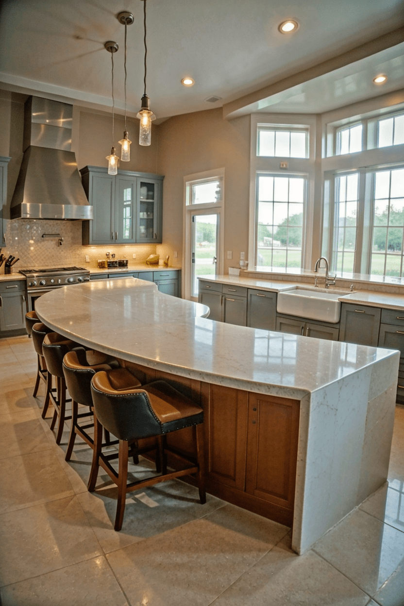 custom kitchen islands, different shapes, rounded and rectangular designs, open-concept kitchen, modern kitchen features, pendant lighting