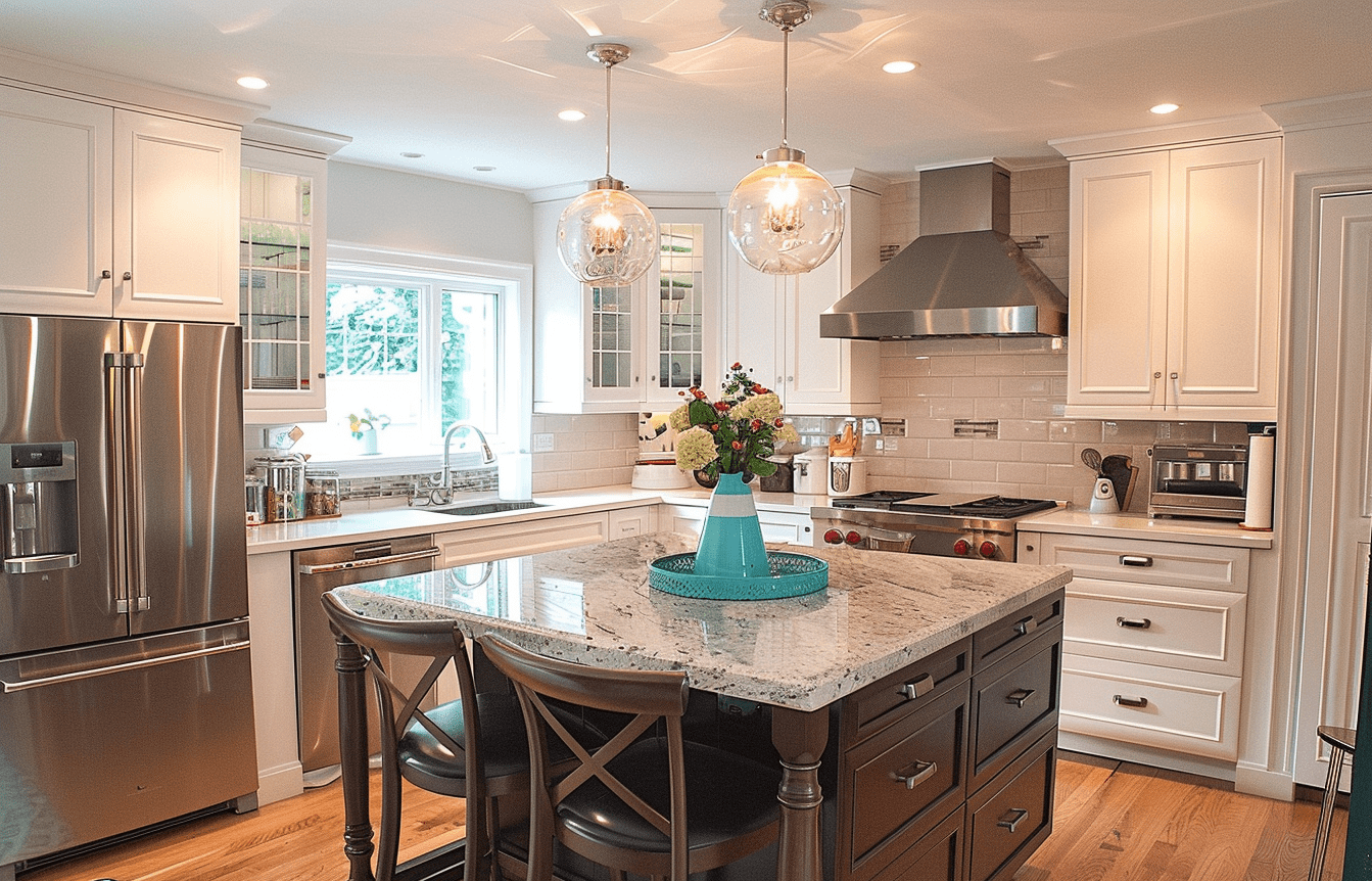 elegant kitchen with white cabinets, marble countertop and stainless steel appliances. A large island in the center has two black chairs around it.