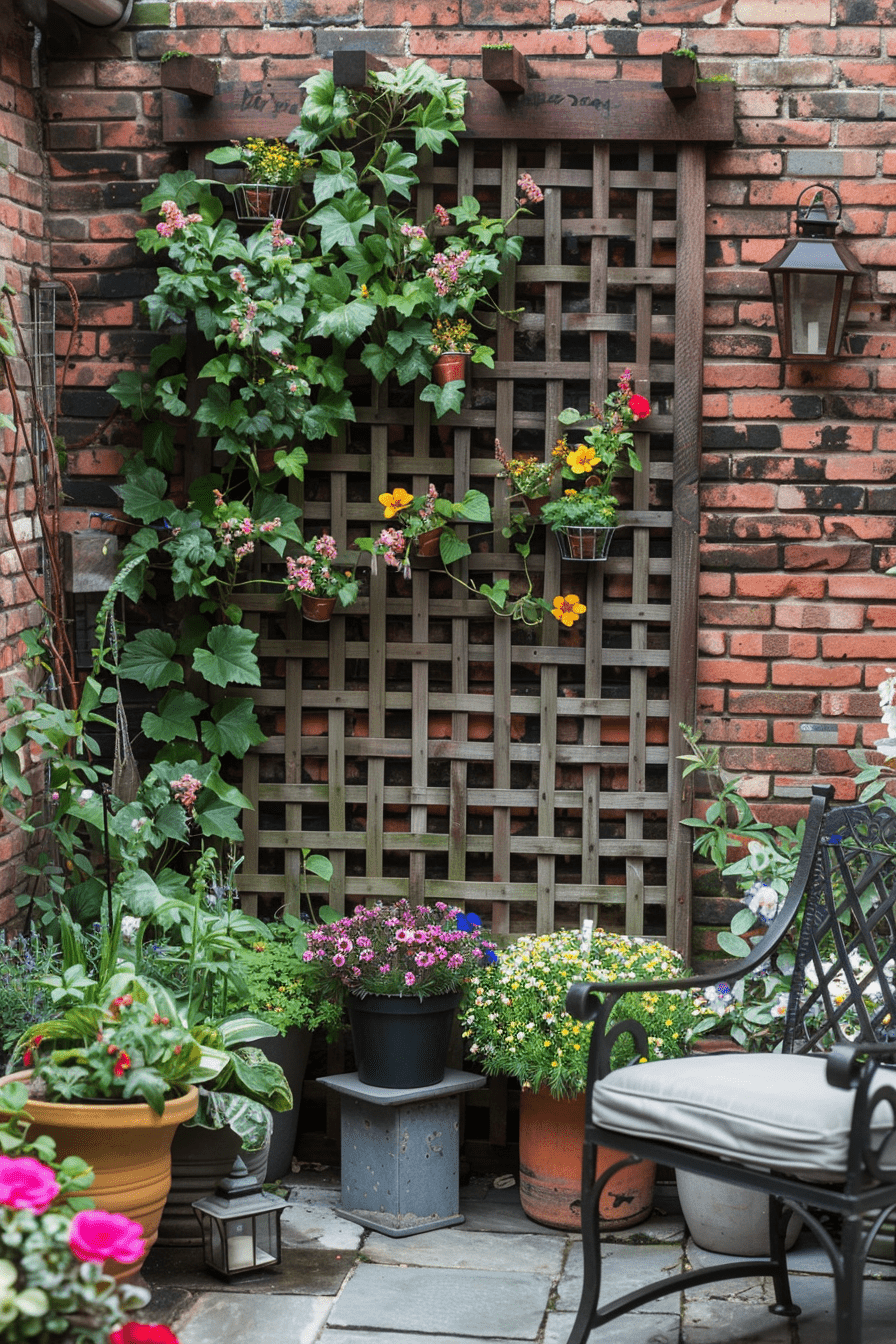 enchanting small garden idea with climbing ivy on trellis, cozy space maximized for charm