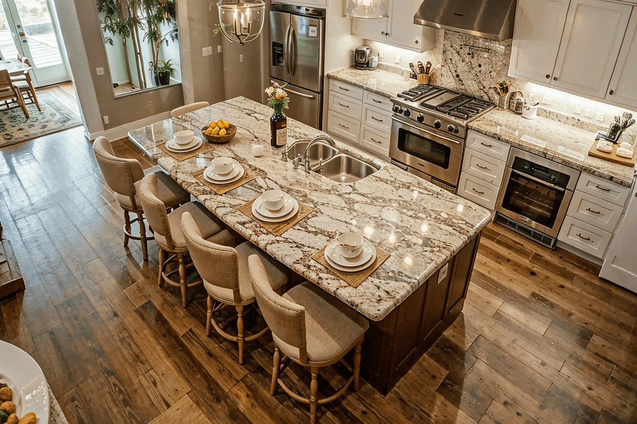 kitche island with Marble Countertop and sink built in