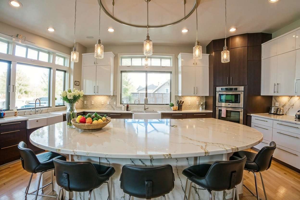 kitchen with a sleek circular island made of polished white marble, featuring bar stools, lighting, and matte black cabinetry