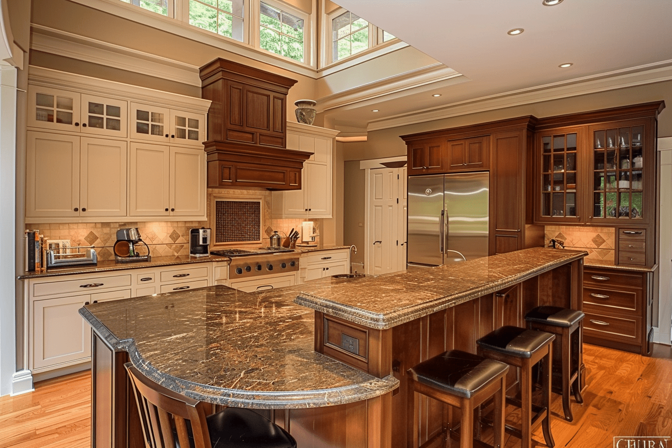 kitchen with spacious, multi-level island, featuring bar and prep areas