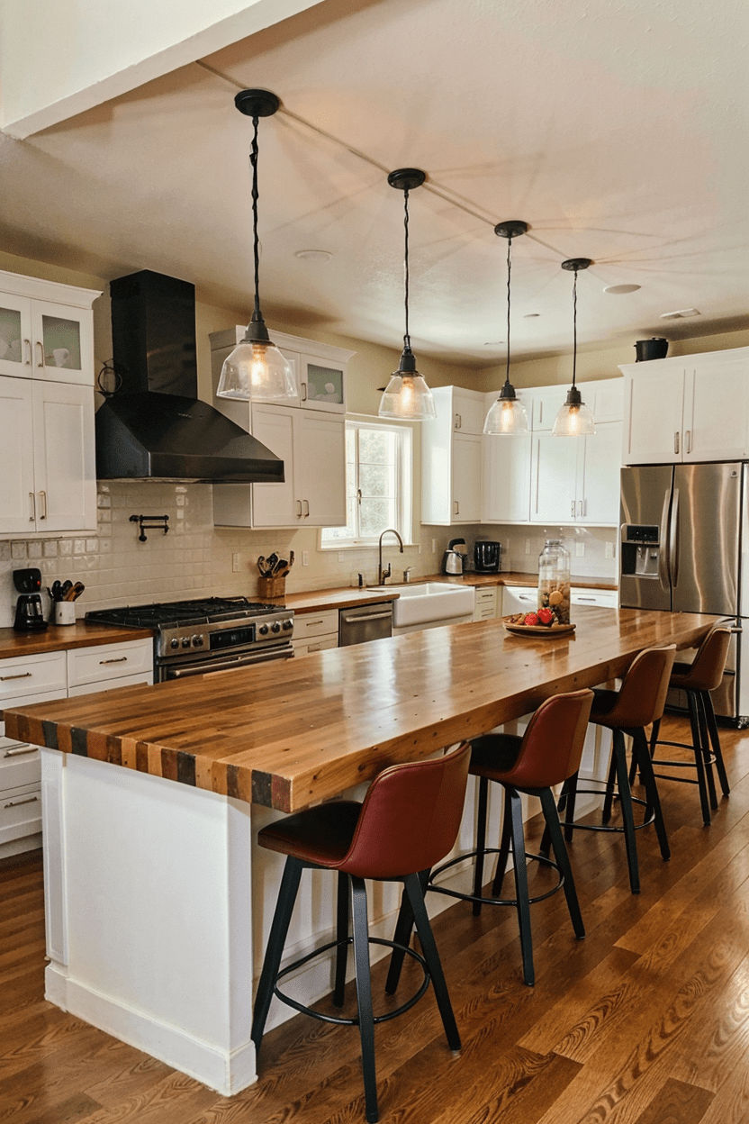 large kitchen with a pre-manufactured wooden countertop island, white shaker cabinets, and stainless steel appliances, highlighting an inviting kitchen design