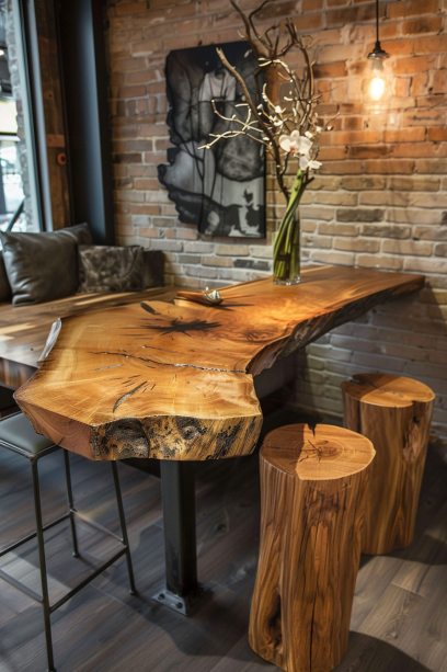live edge bar-height table with detailed wood grain and modern bar stools-