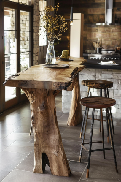 live edge bar-height table with detailed wood grain and modern bar stools