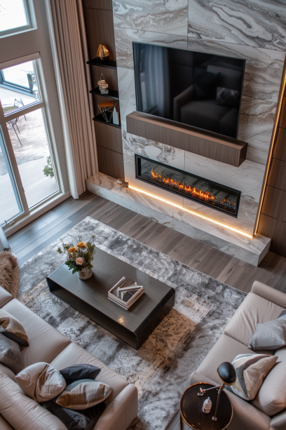 modern TV wall design. An electric fireplace serves as the focal point, framed elegantly with marble.