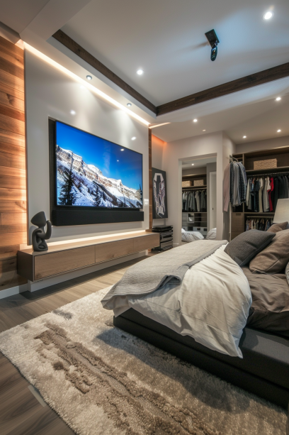 modern bedroom with stylish TV wall decor, optimal bed and TV placement, and cozy ambiance