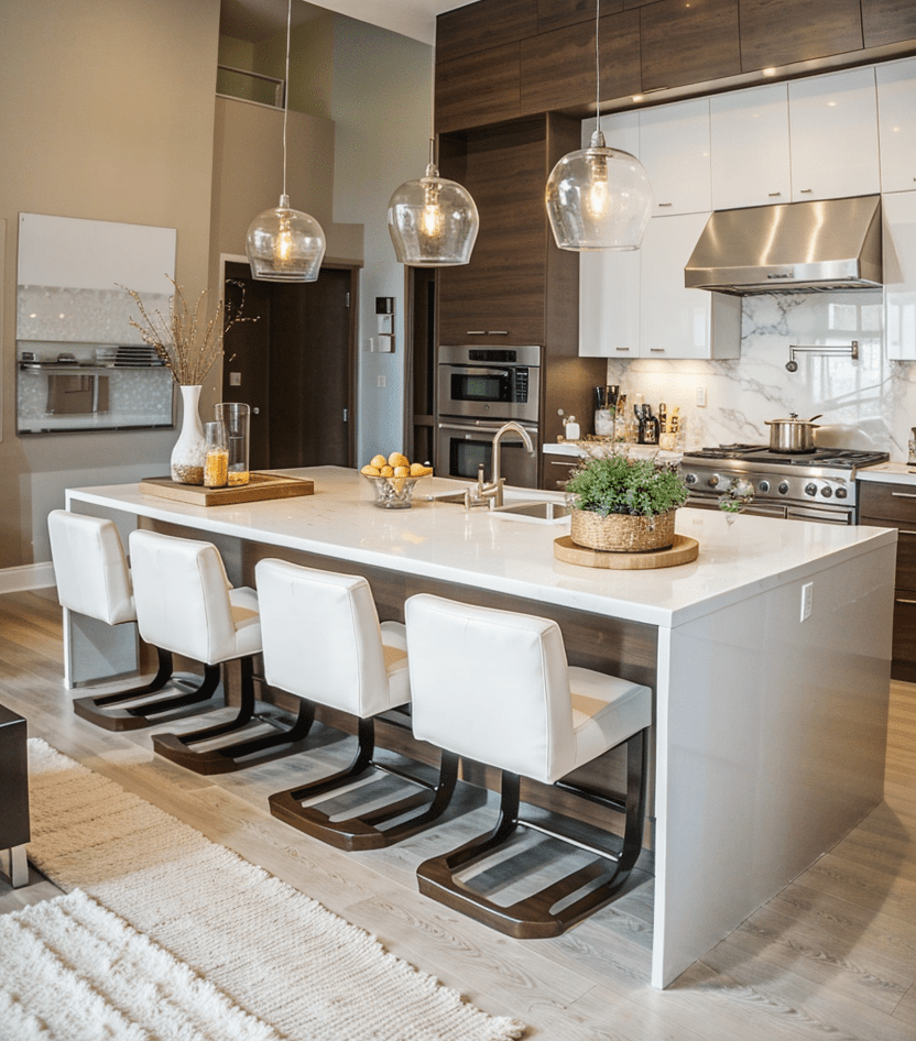 open-plan living area with a multi-functional kitchen island featuring modern seating