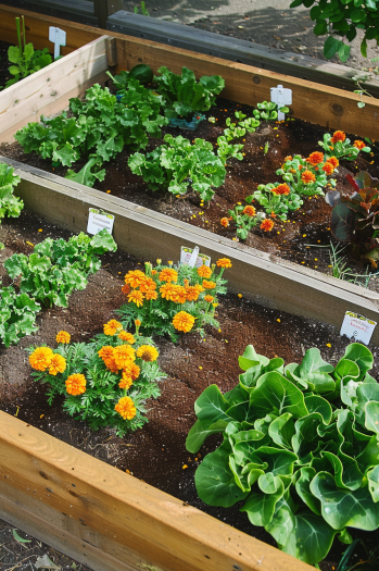 raised bed garden with marigolds and lettuce