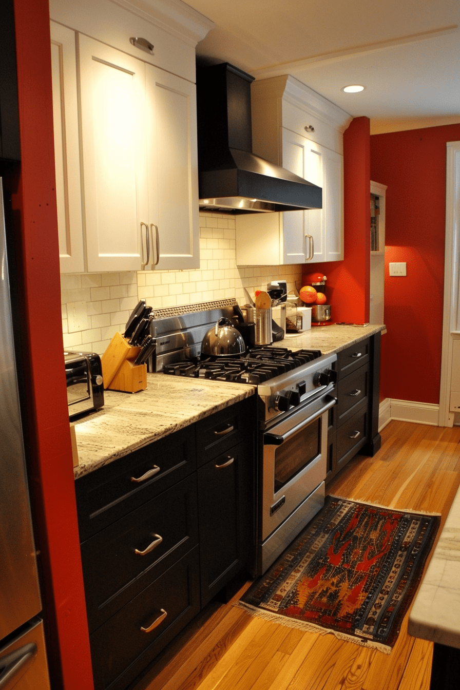 red , black, wood kitchen contrasting colors
