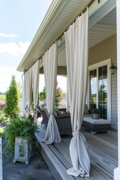 rustic countryside patio with burlap curtains for privacy fence