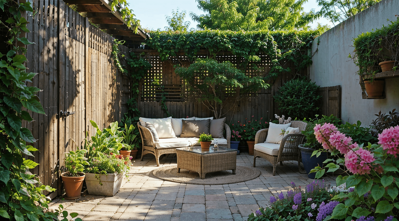 small patio with comfy chairs and potted plants