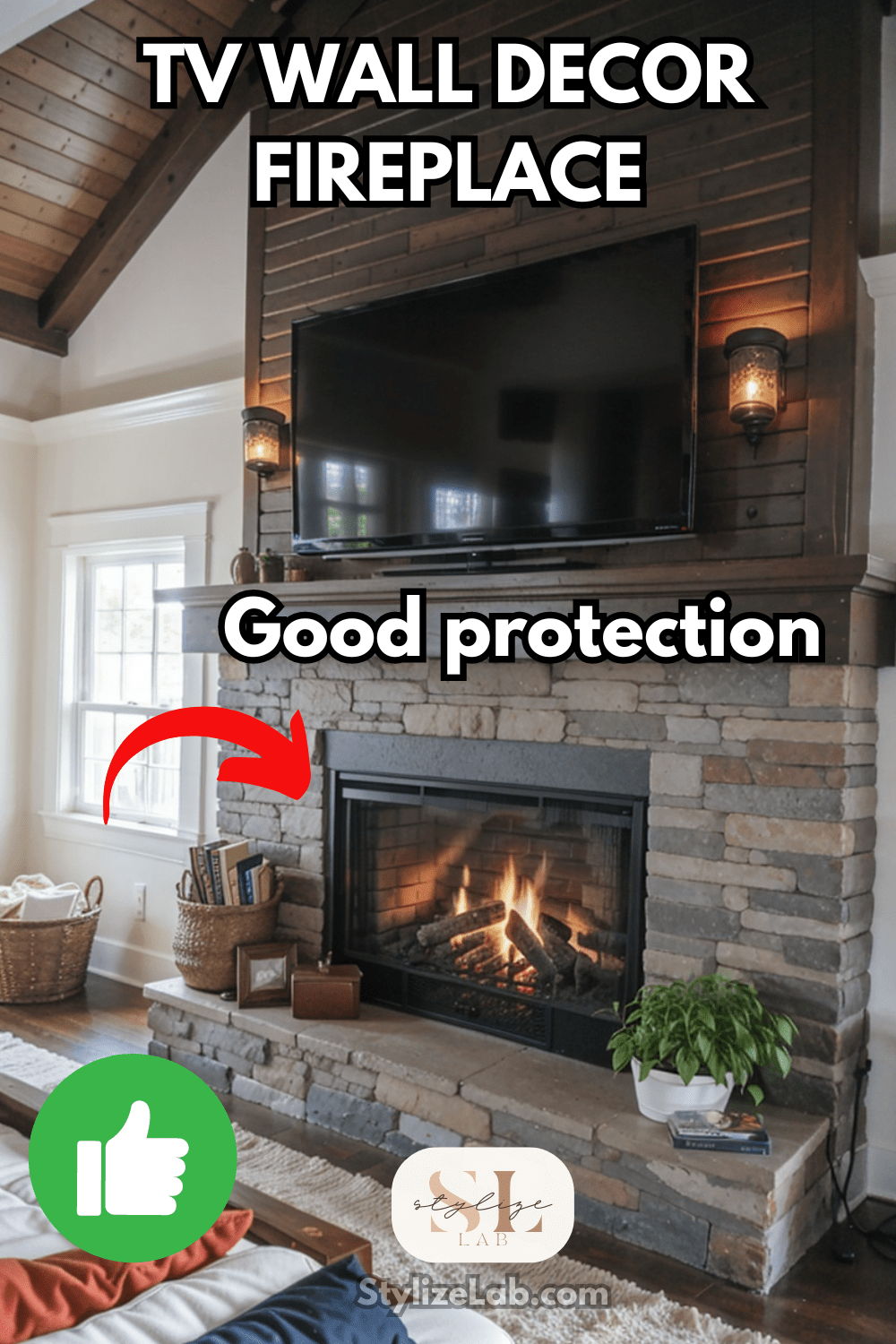 stone fireplace - tv wall decor with good protection and material