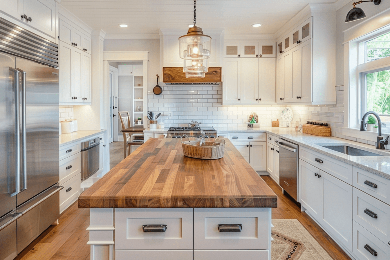 wooden countertop island, white shaker cabinets, and stainless steel appliances, highlighting an gorgeous kitchen