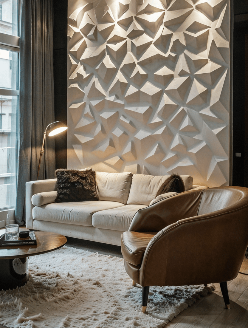 3D Textured Geometric Accent Wall in Contemporary Living Room