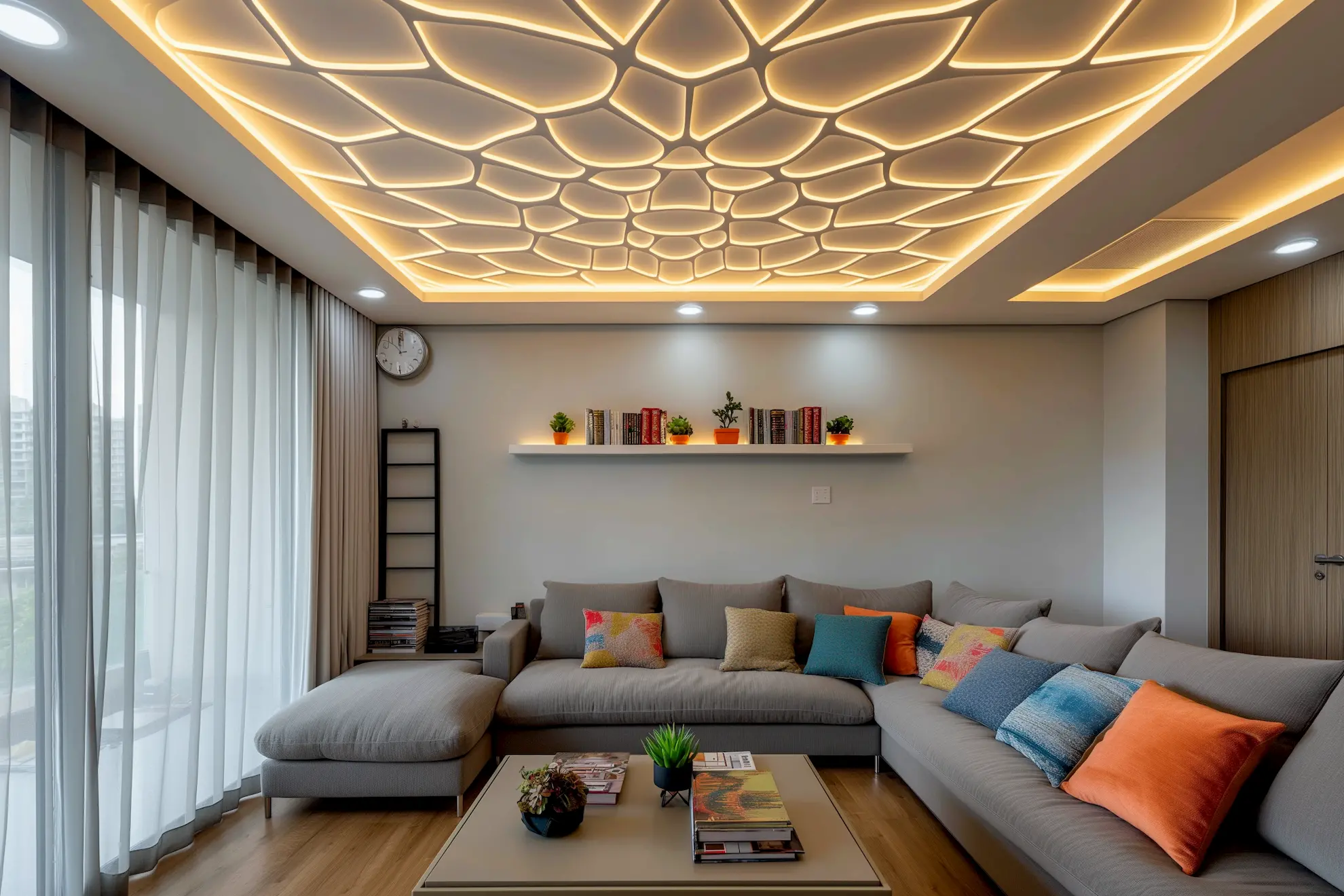 A cozy living room featuring a modern false ceiling design. The ceiling is intricately detailed with soft LED lighting creating a warm ambiance. The walls are painted in a calming pastel color