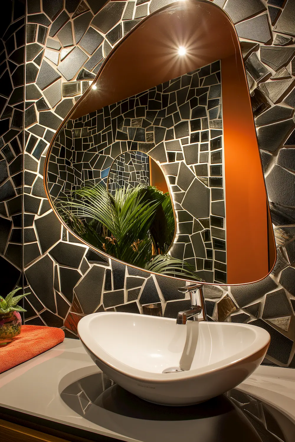 Artistic bathroom with unique mirror mosaic tiles and green plant decor