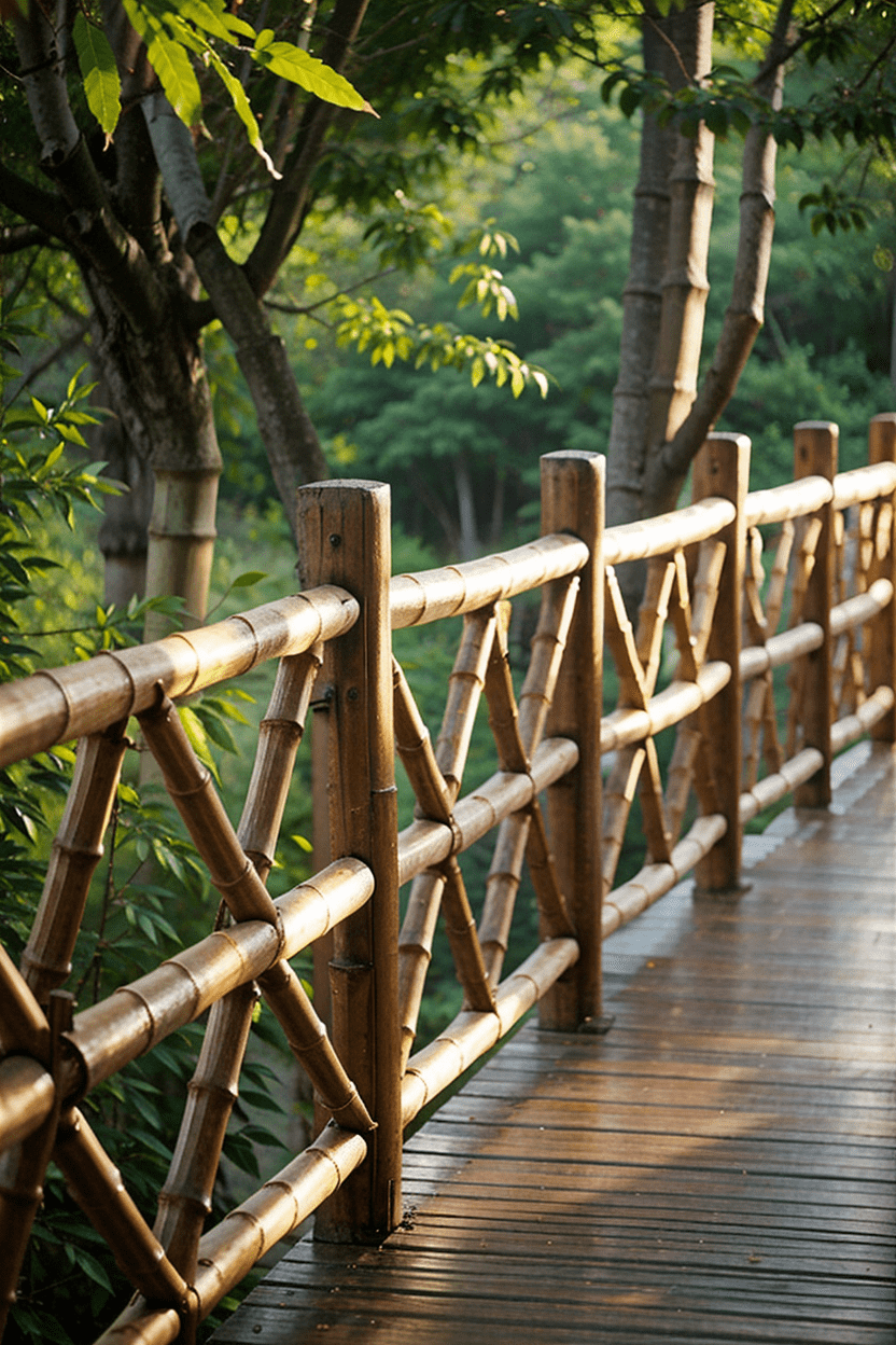 Bamboo deck railing in tropical garden setting, for serene and natural deck railing ideas