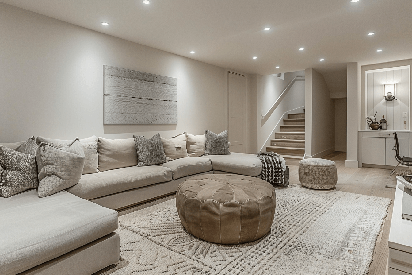 Basement home design with soft neutrals for small spaces