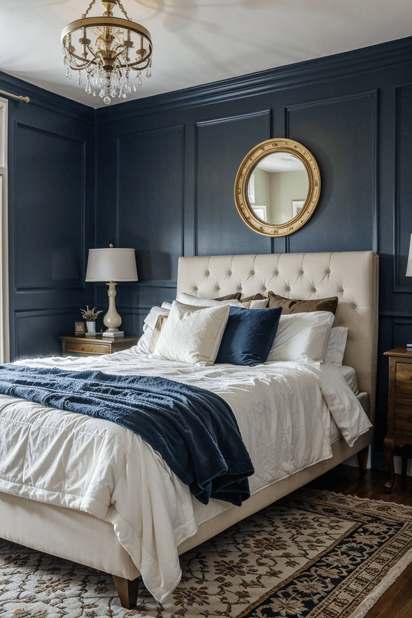 Bedroom with Midnight Blue Wainscoting and Gold Accents