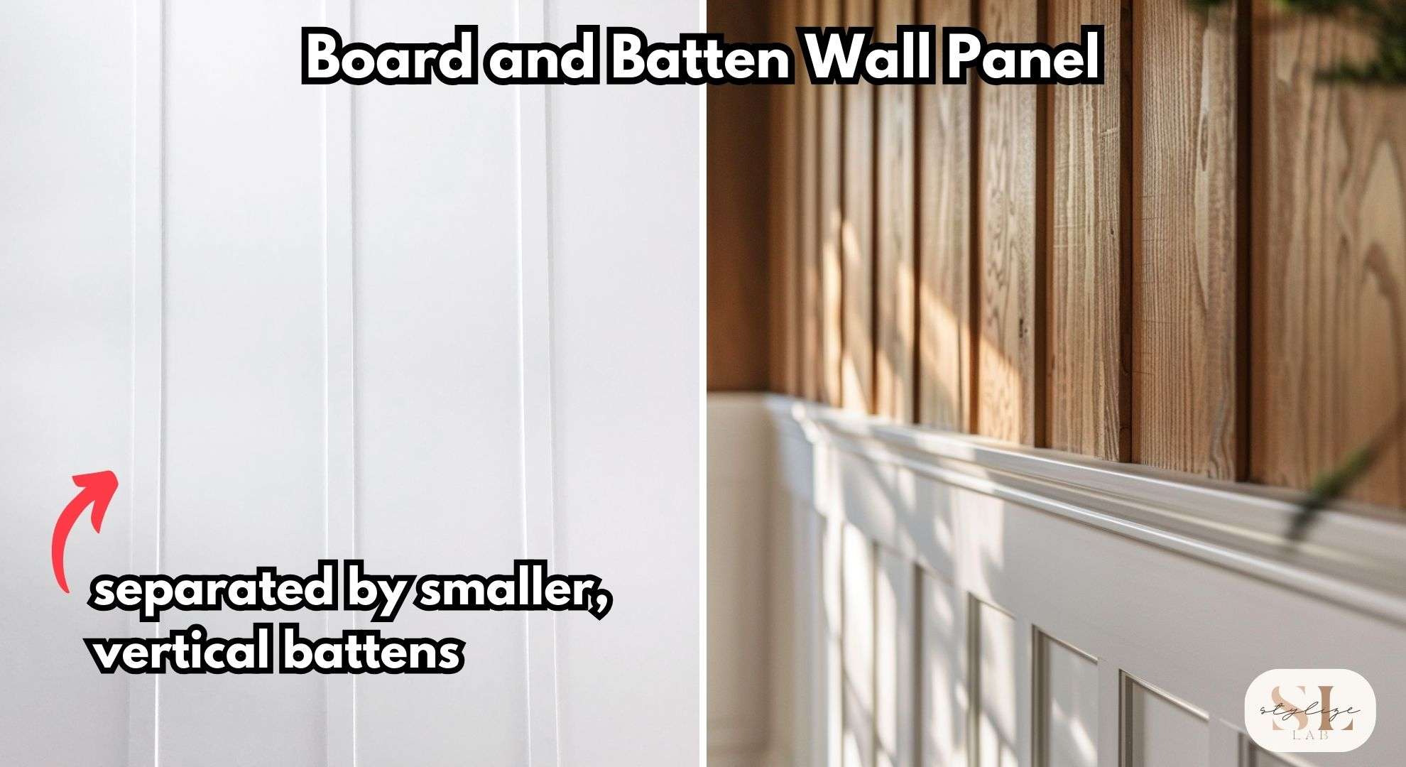 Board and Batten Wall Panel, wood and white , separated by smaller vertical battens creating a design