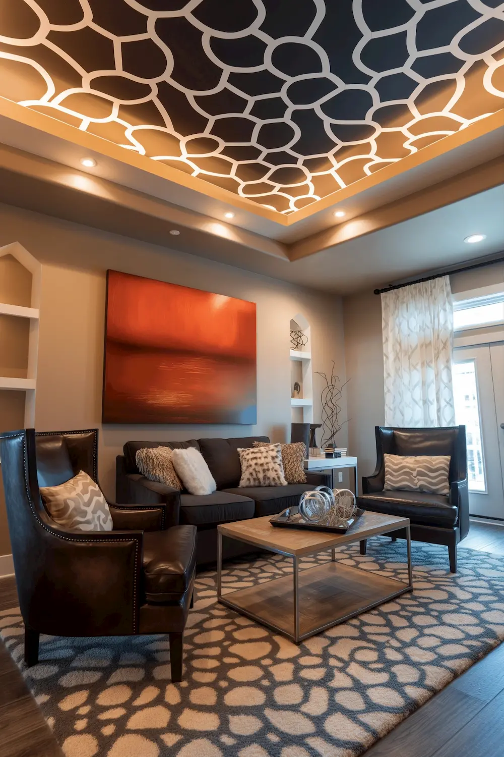 Bold geometric wallpaper ceiling design in a modern room with ambient lighting.