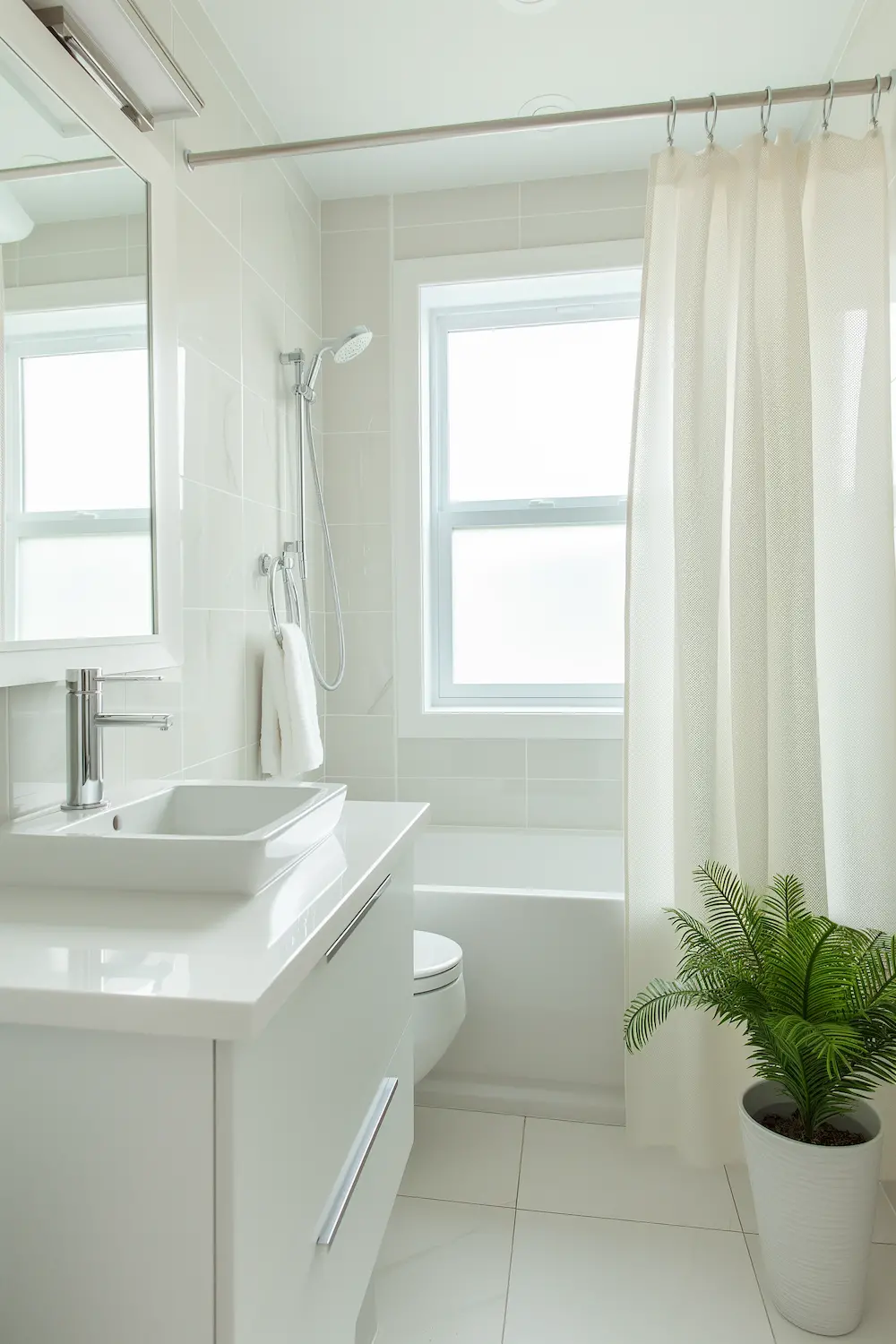 Bright and modern bathroom with white fixtures a shower curtain and a small green plant