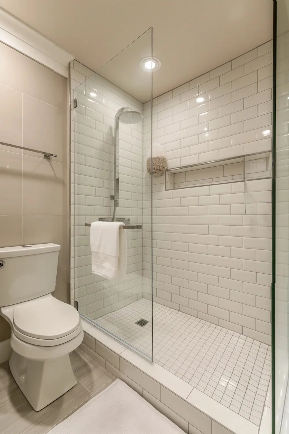 Bright bathroom featuring glass shower white tiles and a modern toilet