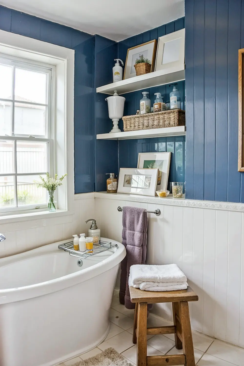 Bright bathroom with blue and white paneling featuring a freestanding tub with a bath caddy holding toiletries and soap a wooden stool