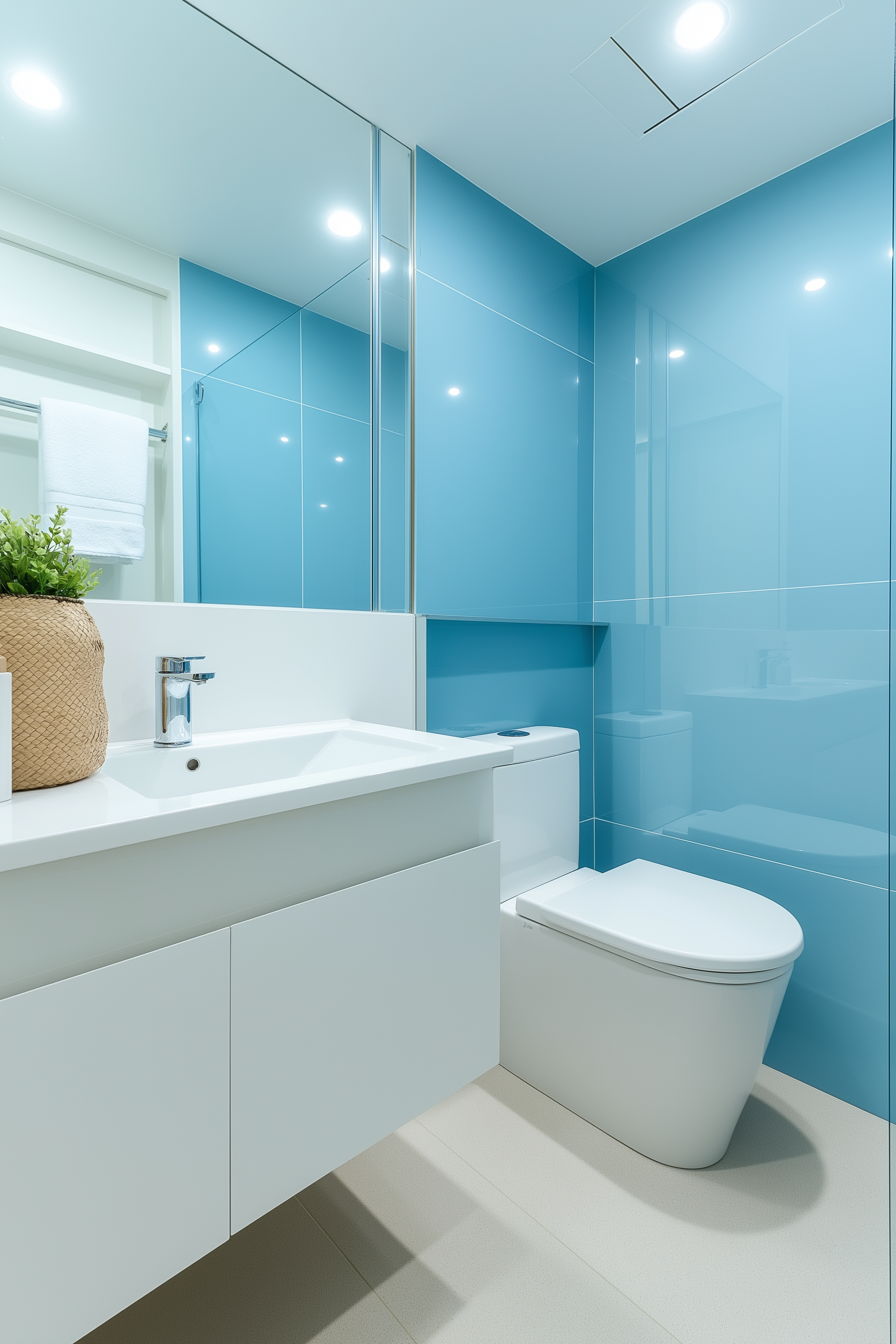 Bright bathroom with glossy blue walls white vanity and modern fixtures