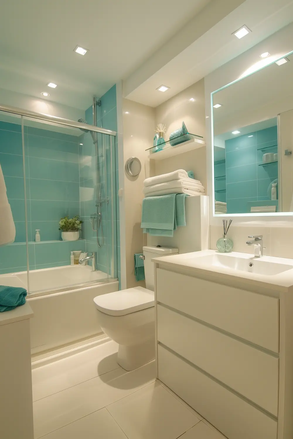 Bright bathroom with turquoise accents modern fixtures and ample storage