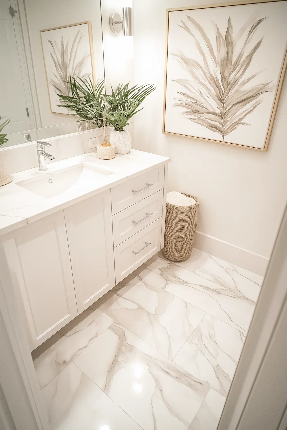 Bright bathroom with white cabinetry marble countertops and elegant plant decor