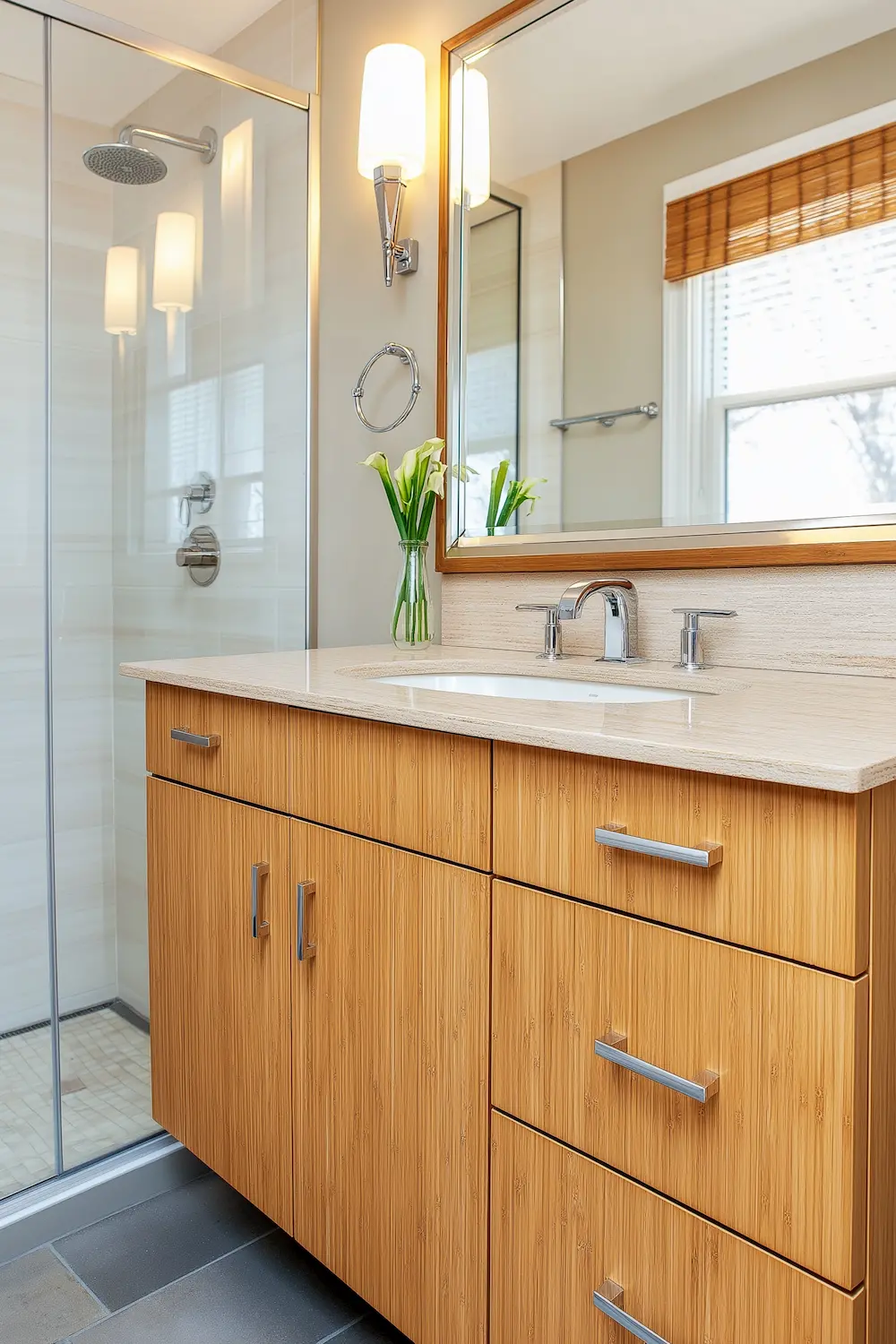 Bright bathroom with wooden vanity flowers mirror and glass shower enclosure, bamboo made