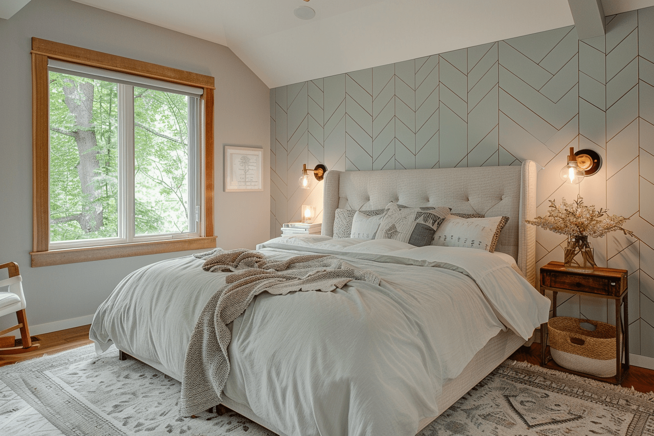 Calm bedroom with soft-colored chevron pattern wall panels