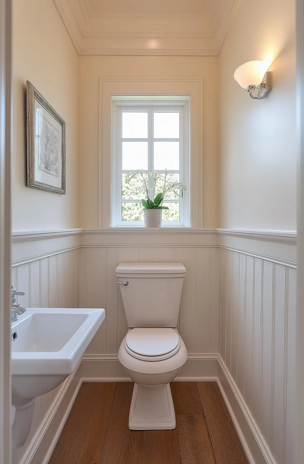 Charming bathroom with white fixtures window antique frame and wooden floor