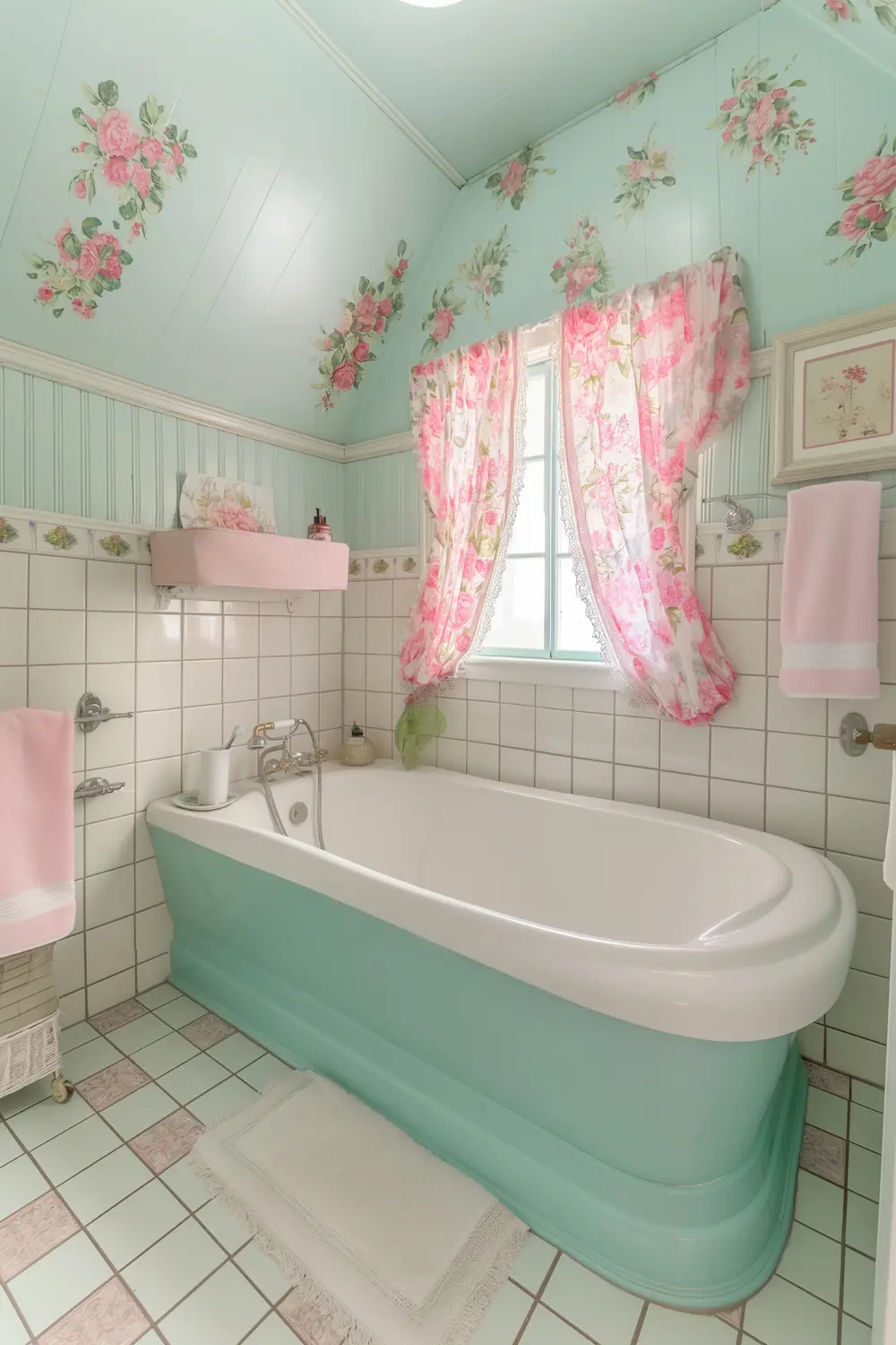 Charming vintage-style bathroom with a compact tub, pastel tiles, and cozy decor.