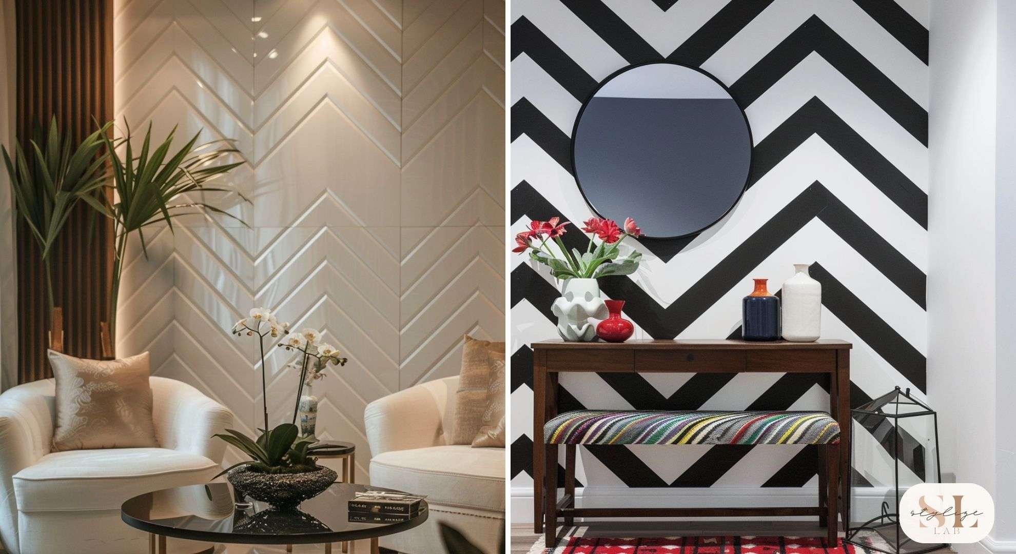 Chevron pattern wall panel, entryway black and white, and beige living room