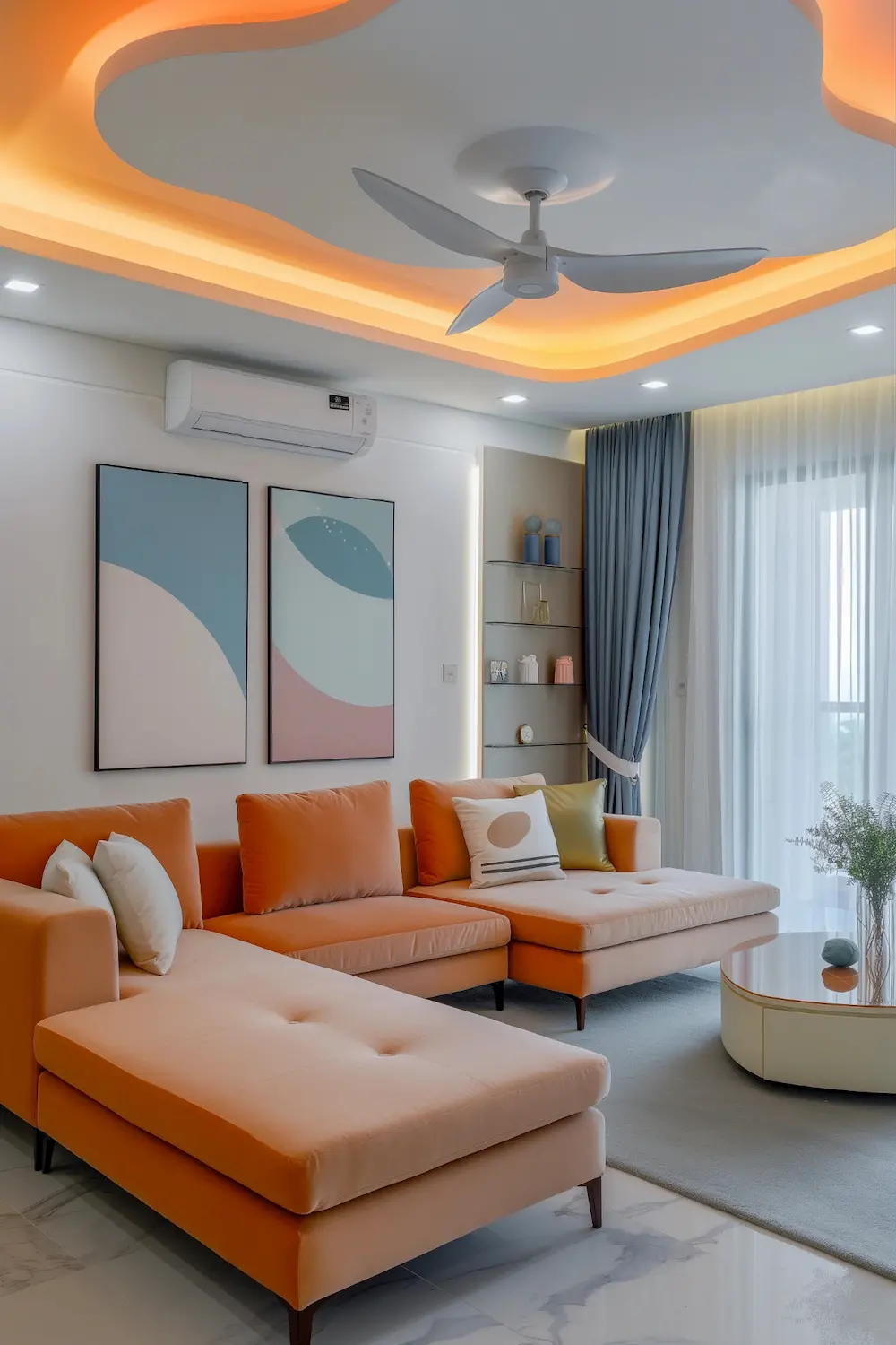 Chic home office showcasing contemporary false ceiling and stylish workspace with natural light and decor