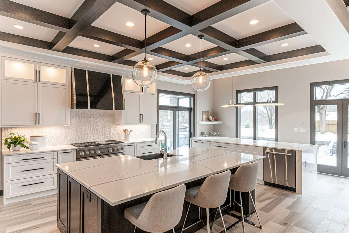 Chic modern kitchen with a striking coffered ceiling featuring sleek black beams and glossy white panels, accentuated by pendant lights, high-end appliances, and minimalist cabinetry.