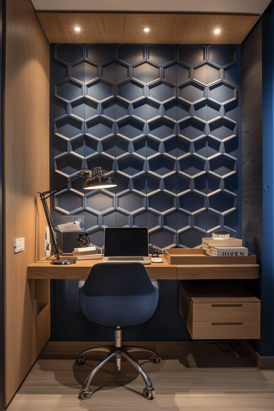 Compact home office with bold charcoal grey hexagonal 3D wall panel, MDF, functional decor, ergonomic furniture, sophisticated atmosphere