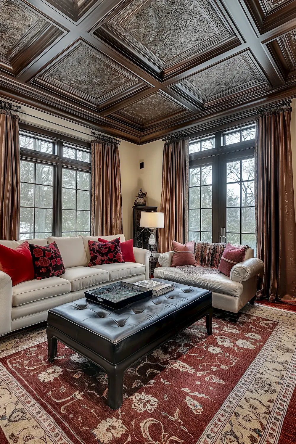 Contemporary Living Room with Tin Ceiling Tiles