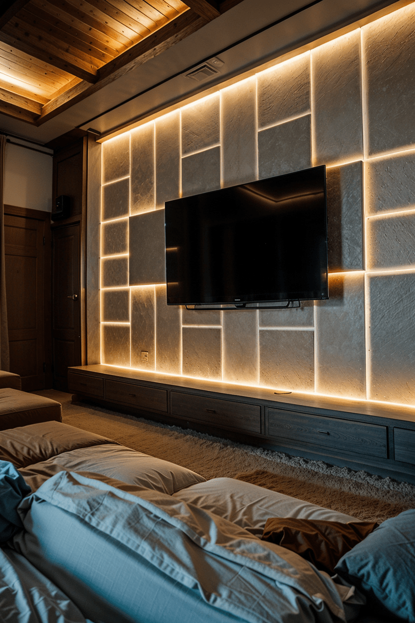 Contemporary Wall Panels with LED Lighting in Media Room