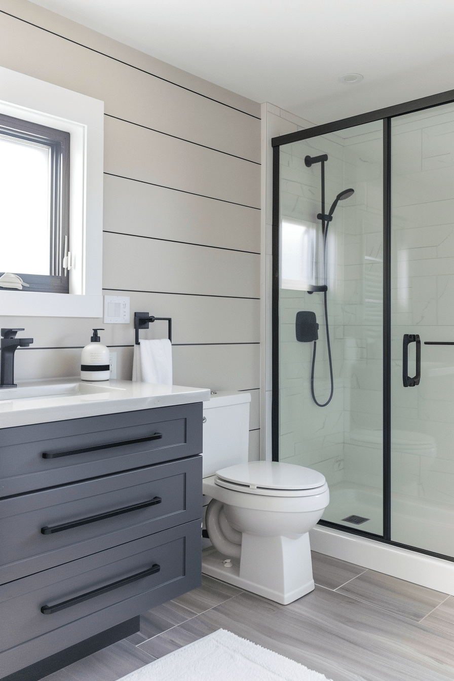 Contemporary bathroom with charcoal gray beadboard wall paneling and minimalistic fixtures.