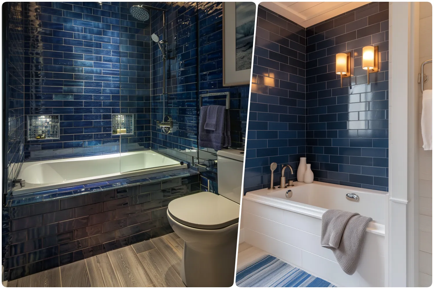 Contemporary bathroom with deep blue tiles and a glass shower over a white tub and Bright bathroom featuring a white tub with blue tiled walls and gentle lighting