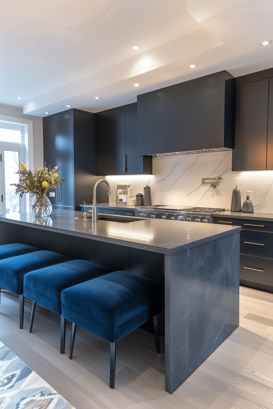 Contemporary kitchen island with built-in benches, navy blue velvet upholstery, quartz countertop, geometric lighting