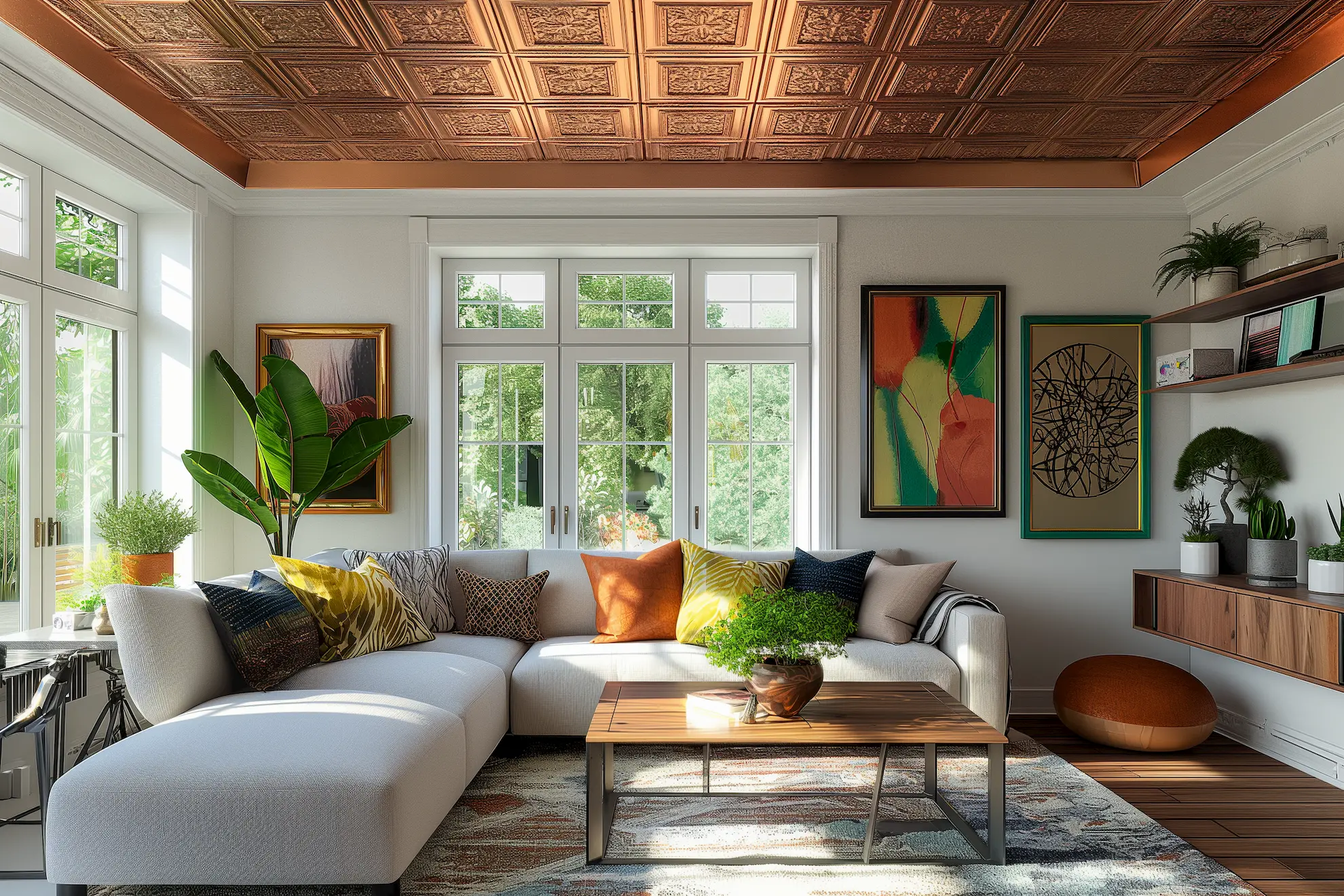 Contemporary living room with tin ceiling tiles, neutral color palette, modern furniture, indoor plants.