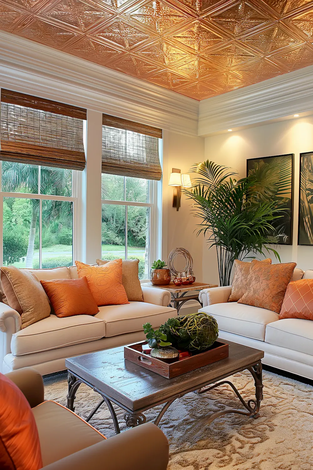 Contemporary living room with tin ceiling tiles, neutral color palette, modern furniture, indoor plants