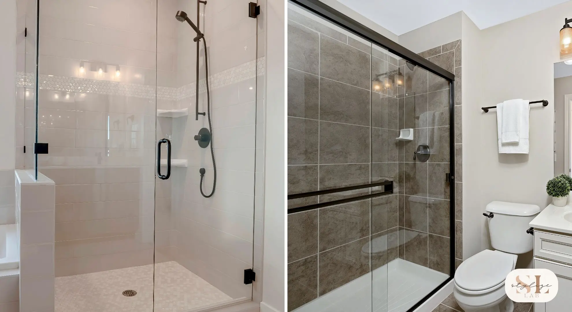 Contemporary shower with glass enclosure white tiles and black fixtures and Elegant bathroom with glass shower brown tiles white accents and modern decor