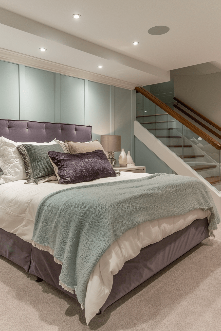 Cool-toned basement bedroom with bed and staircase