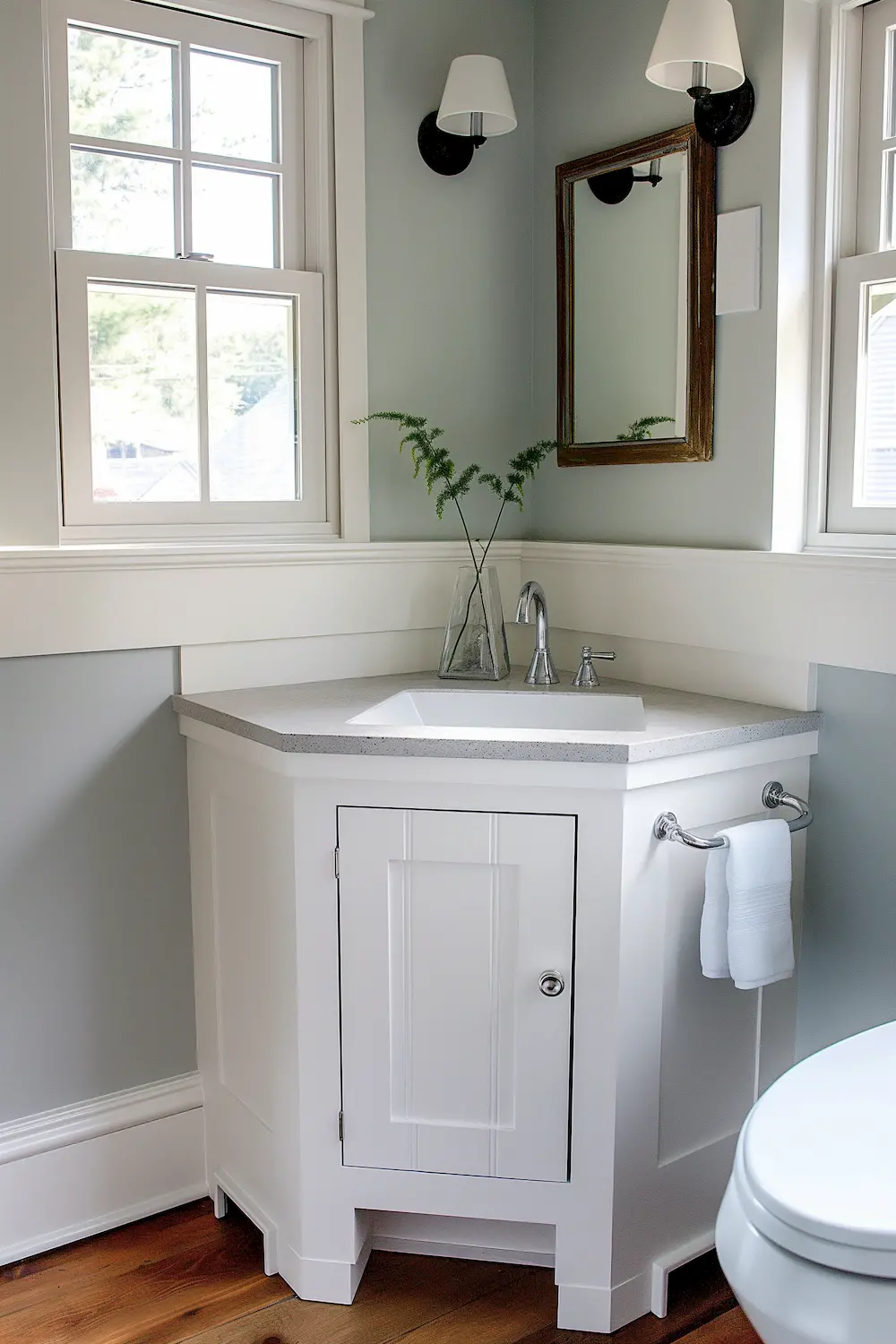 Corner bathroom with white cabinetry silver faucet mirror and natural light from windows